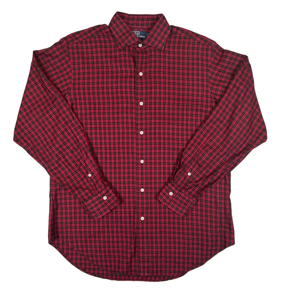 VTG Polo Ralph Lauren Estate Shirt Mens 15.5 34 Red Black Plaid 2-Ply Cotton